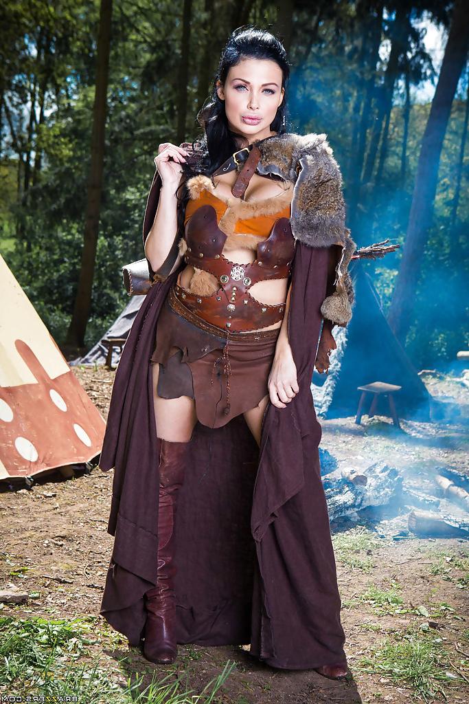 16P Brunette babe Aletta Ocean striking naughty poses outdoors in cosplay getup