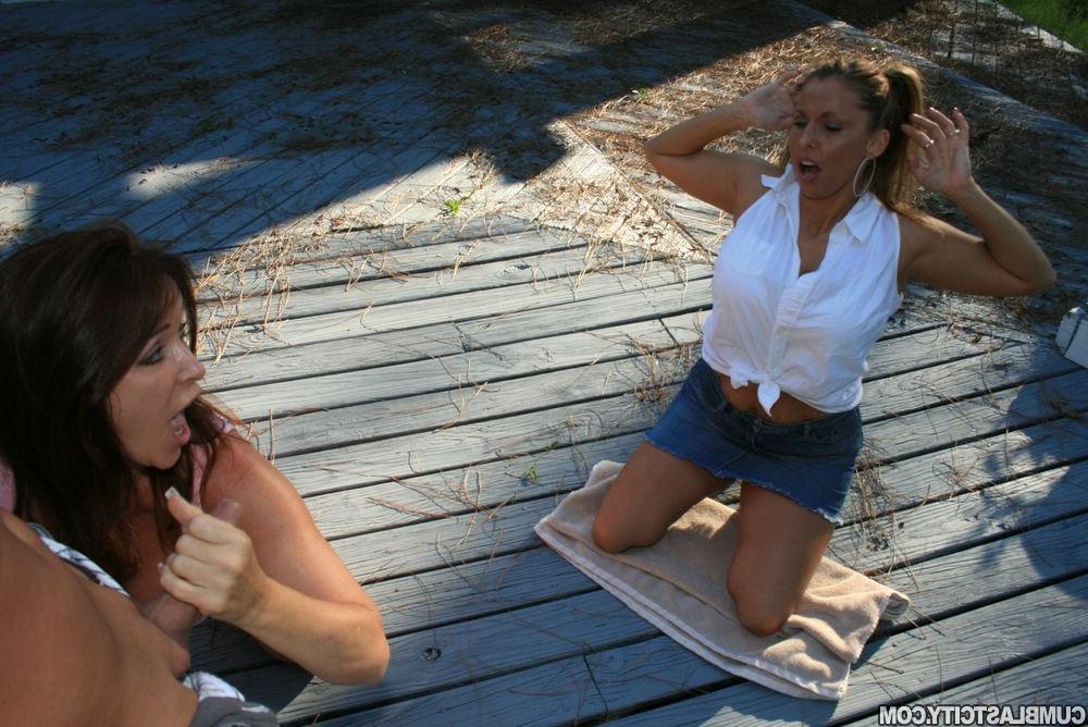 16P Big busted MILFs sharing a cock and getting bukkaked outdoor