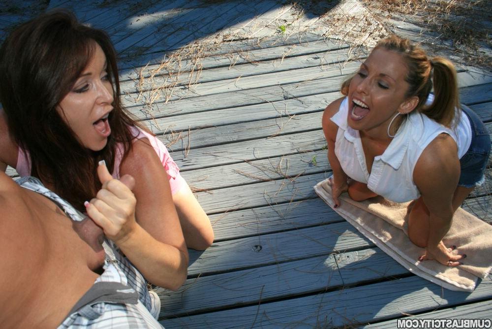 16P Big busted MILFs sharing a cock and getting bukkaked outdoor