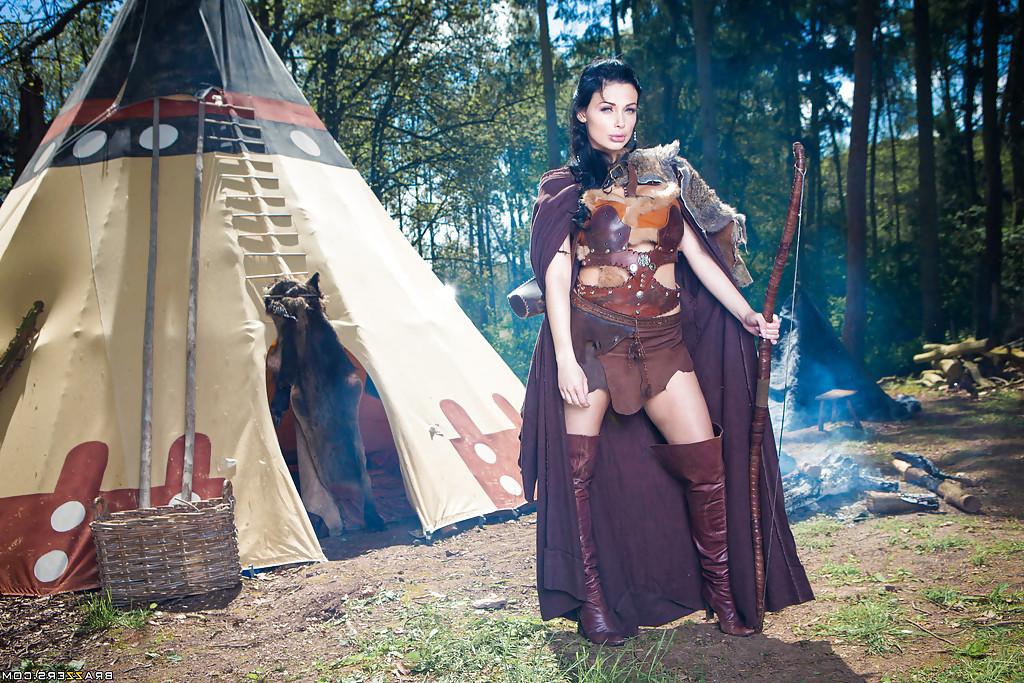 16P Brunette babe Aletta Ocean frees massive juggs from cosplay outfit outdoors