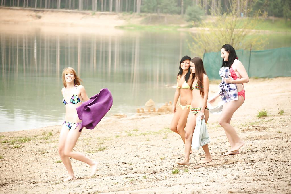 16P Naughty outdoor play with four teen lesbo's licking their tiny slits