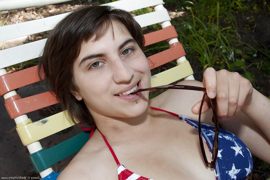 16P Busty babe with hairy armpits Zooey taking off her bikini outdoor