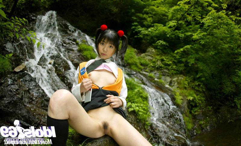 16P Smiley asian coed revealing her tiny titties and bushy cunt outdoor