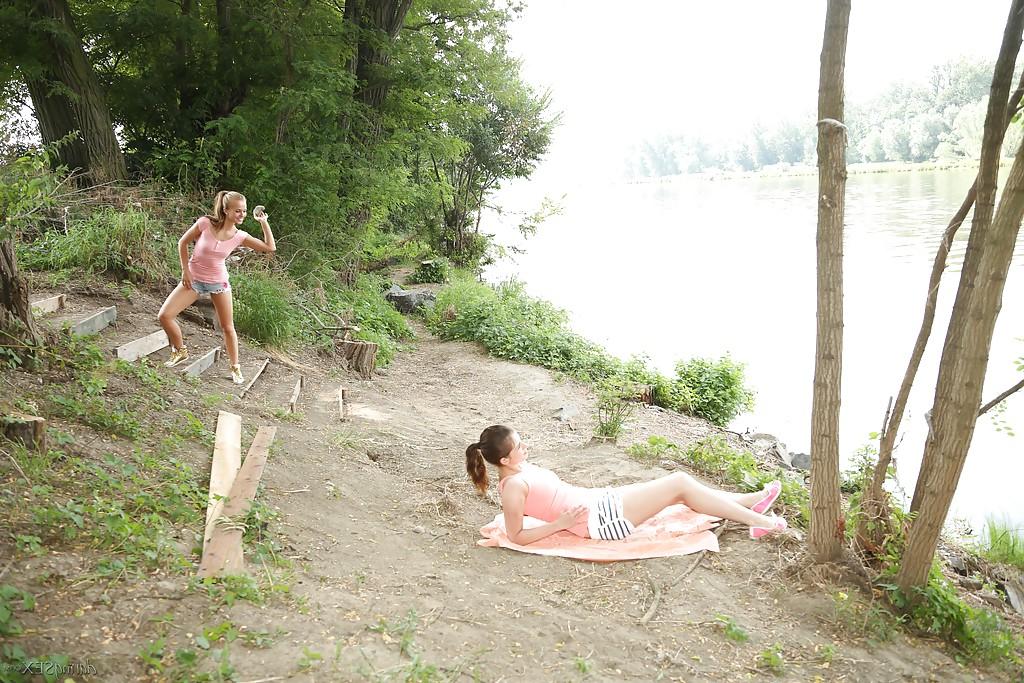 16P Lesbian beauties Bella Baby and Victora Ferara playing outdoor