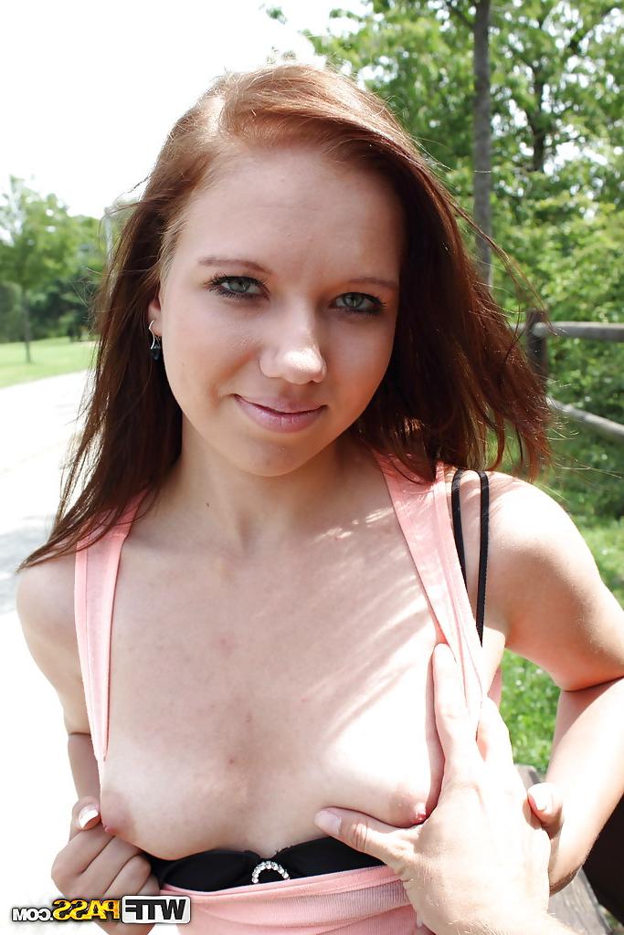 15P Brunette babe Yasmin showing off her tiny tits and shaved pussy outdoors