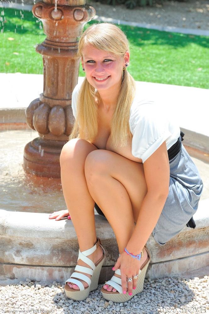 15P Cute blonde in pigtails showing big boobs outside & toying tight pussy