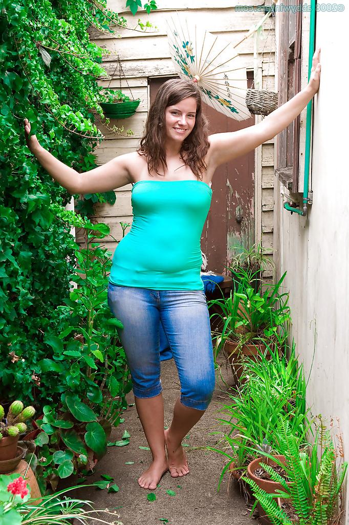 16P Pretty amateur Megan flashes big natural tits outdoors while fingering cunt