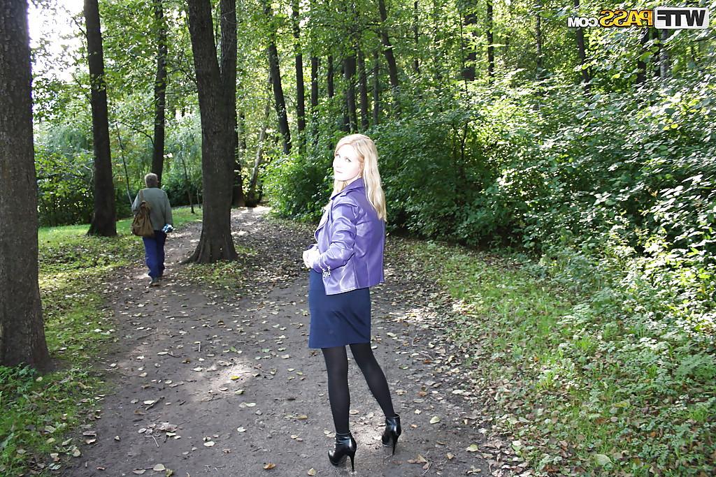 16P Slutty teen blonde on high heels gets picked up and pounded outdoor