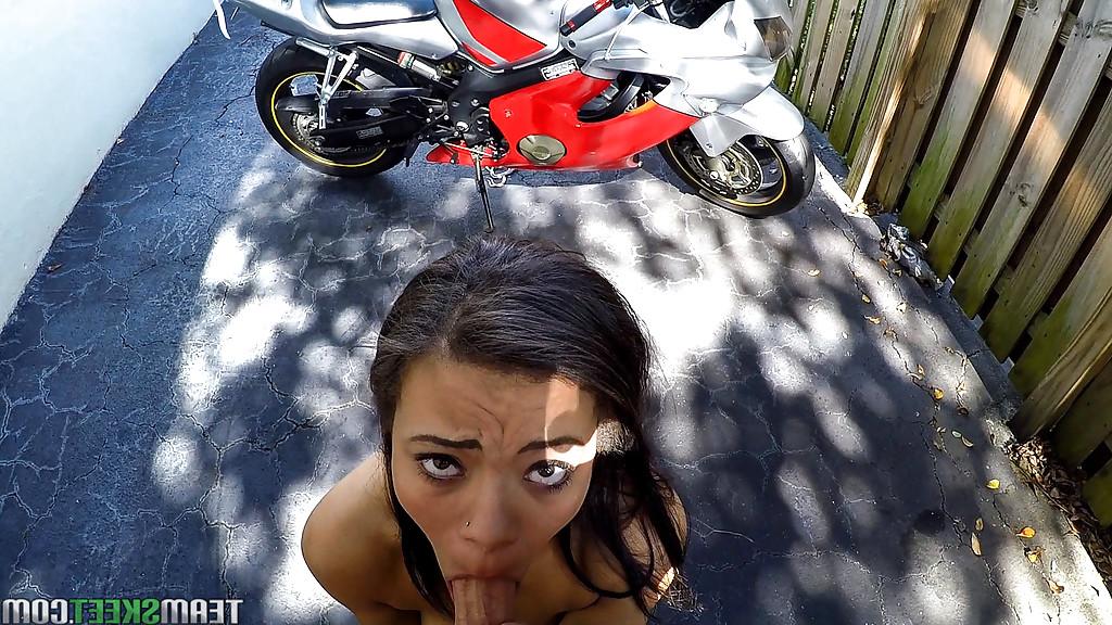 16P Cute young girl Adrian Maya sucks cock for cash in outdoor POV blowjob