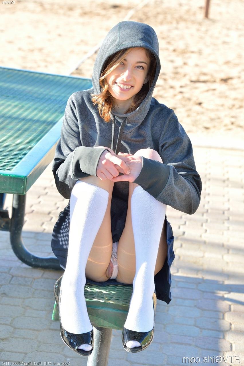 16P Innocent sweetie flashes upskirt schoolgirl panties outdoors in white socks