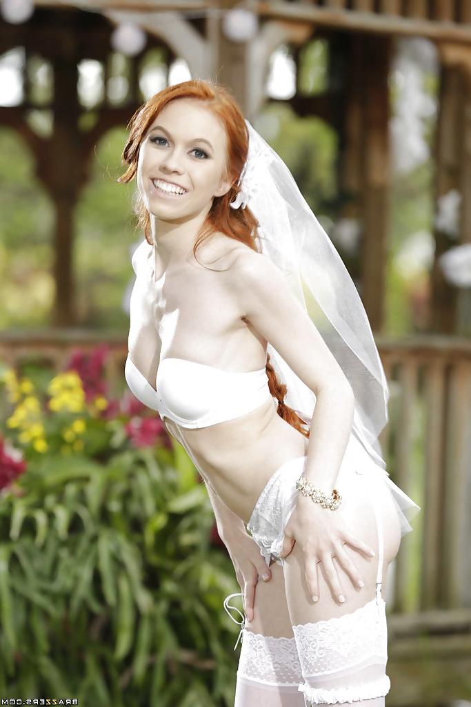 16P Redhead teen babe Dolly Little stripping off wedding dress outdoors