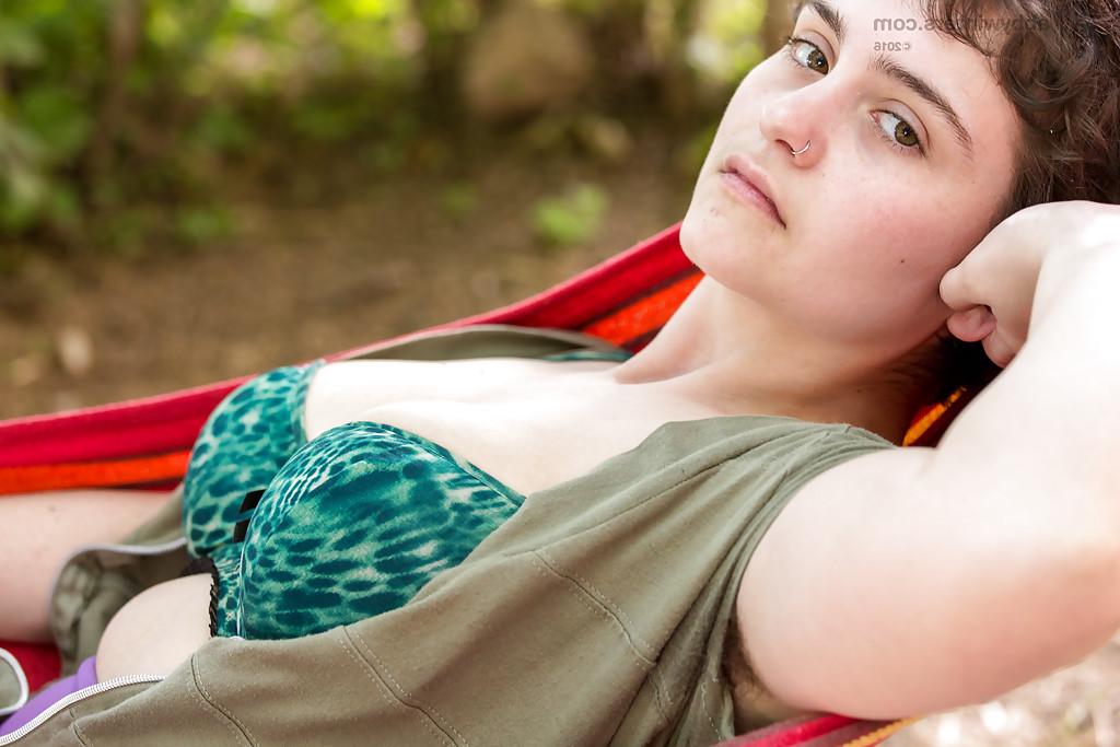 16P Overweight amateur solo girl flashing hairy underarms and beaver outdoors