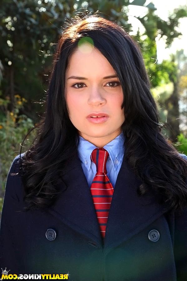 16P Cute teen in school uniform Jenna Ross uncovering her slim body outdoor