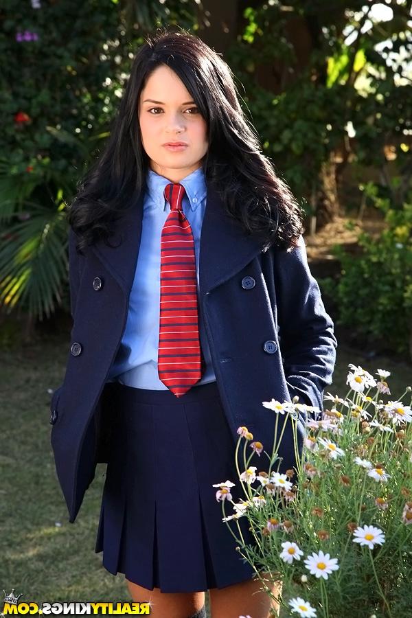16P Cute teen in school uniform Jenna Ross uncovering her slim body outdoor