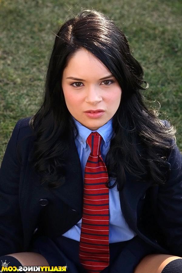 16P Cute teen in school uniform Jenna Ross uncovering her slim body outdoor