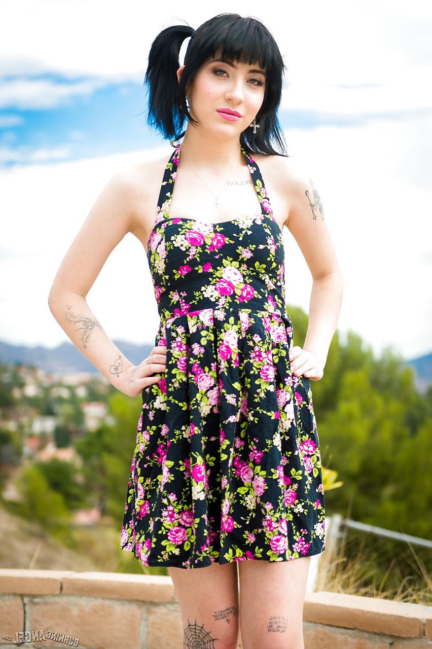 15P Tattooed Charlotte Sartre in pigtails does nude upskirt outdoors & spreads ass