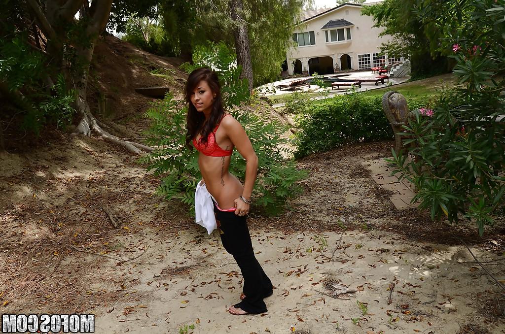 16P Sweet teen babe Riley Jensen stripping and masturbating her cunt outdoor
