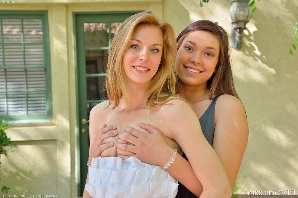 15P Cute lesbian girls flashing nude upskirt outside & toying pussy with dildo