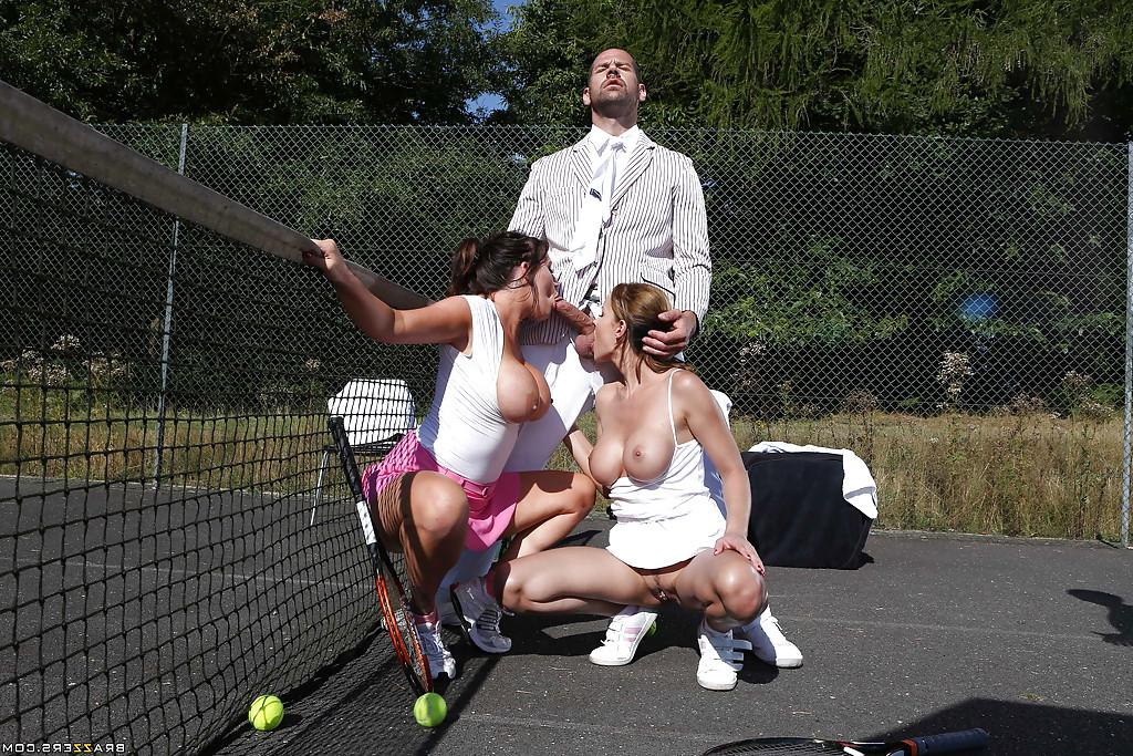 16P Big busted tennis players have a fervent threesome with a hung lad outdoor