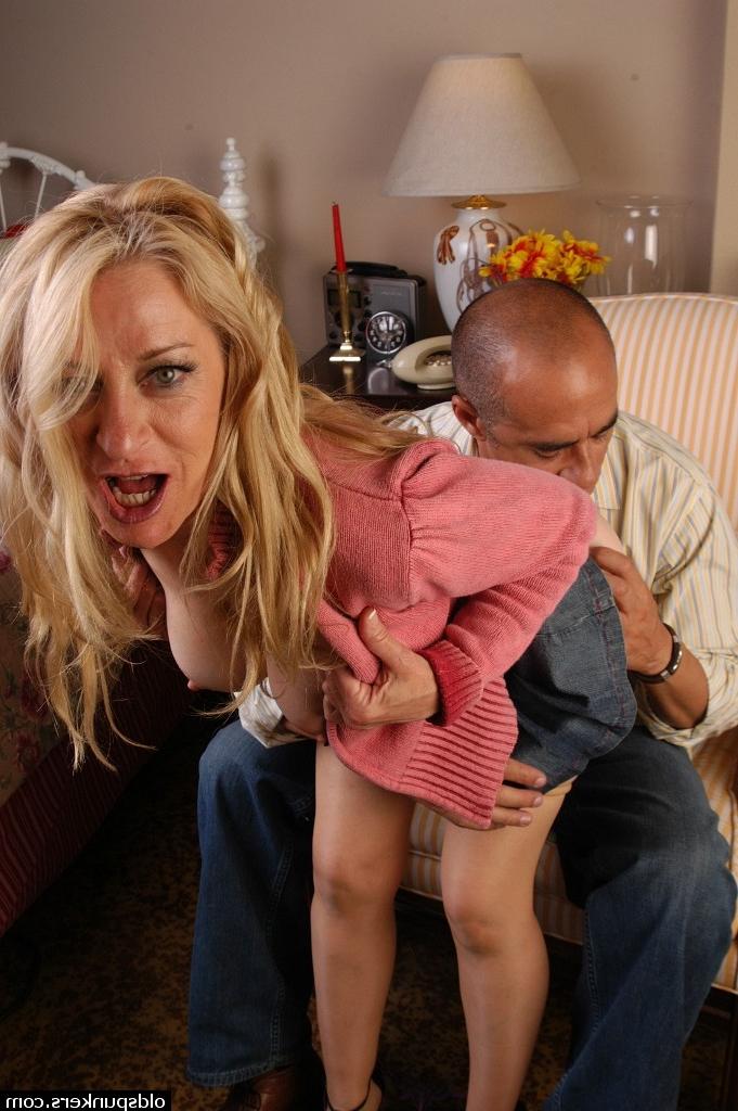 16P Aged blonde in hose and denim skirt takes facial cumshot after giving bj