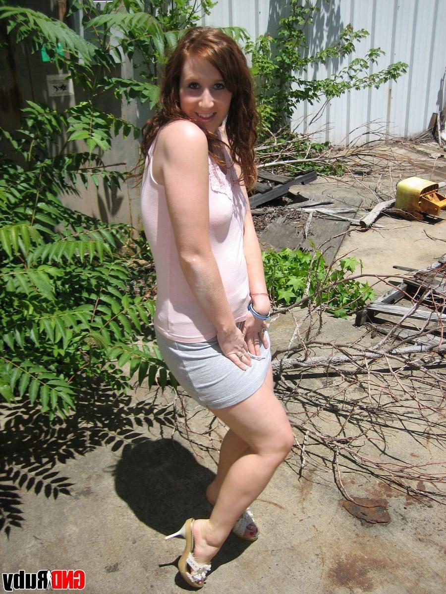 12P Redhead teen Ruby flashes her unshaved pussy outdoors