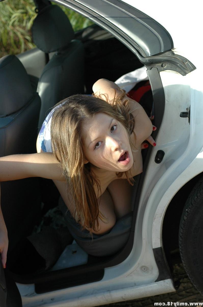 16P Topless teen posing by her car outdoors