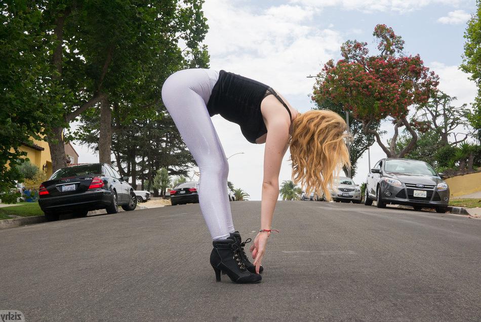 15P Outdoors in public wearing tight white pants