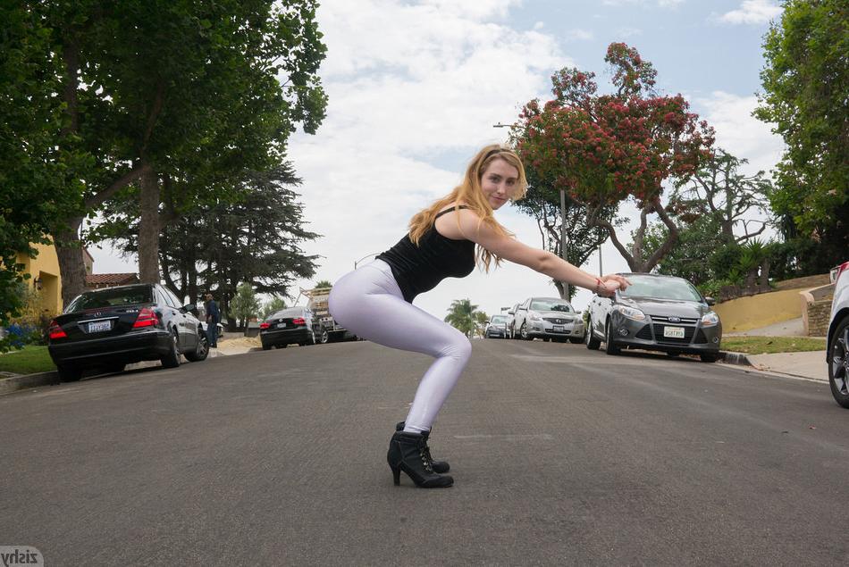 15P Outdoors in public wearing tight white pants