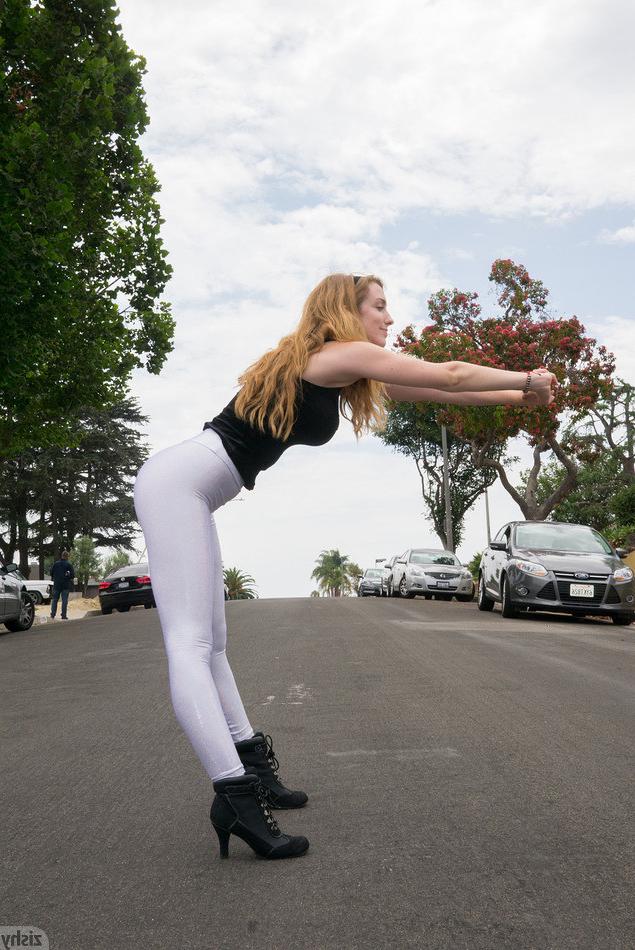 15P Outdoors in public wearing tight white pants