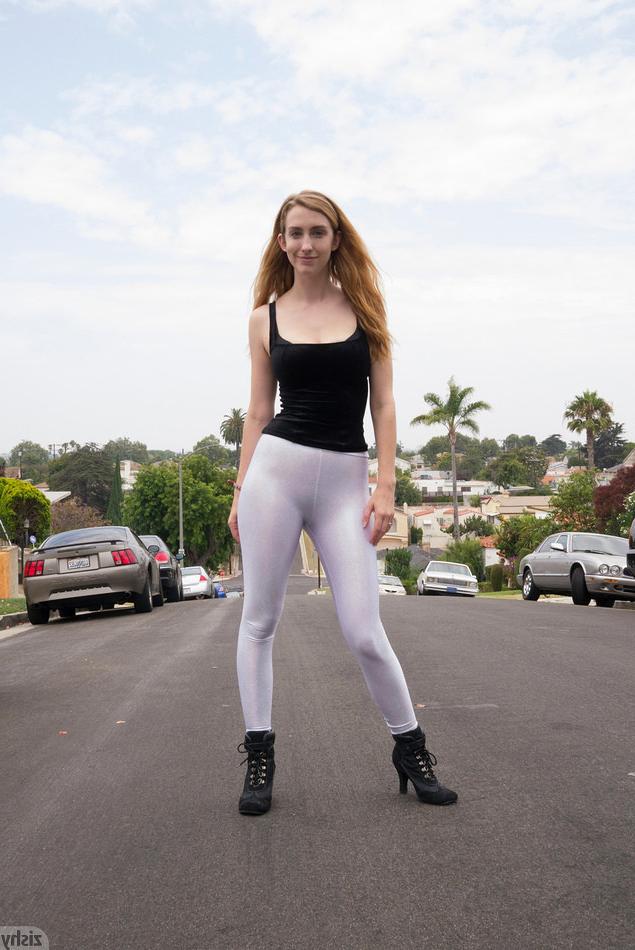 15P Outdoors in public wearing tight white pants
