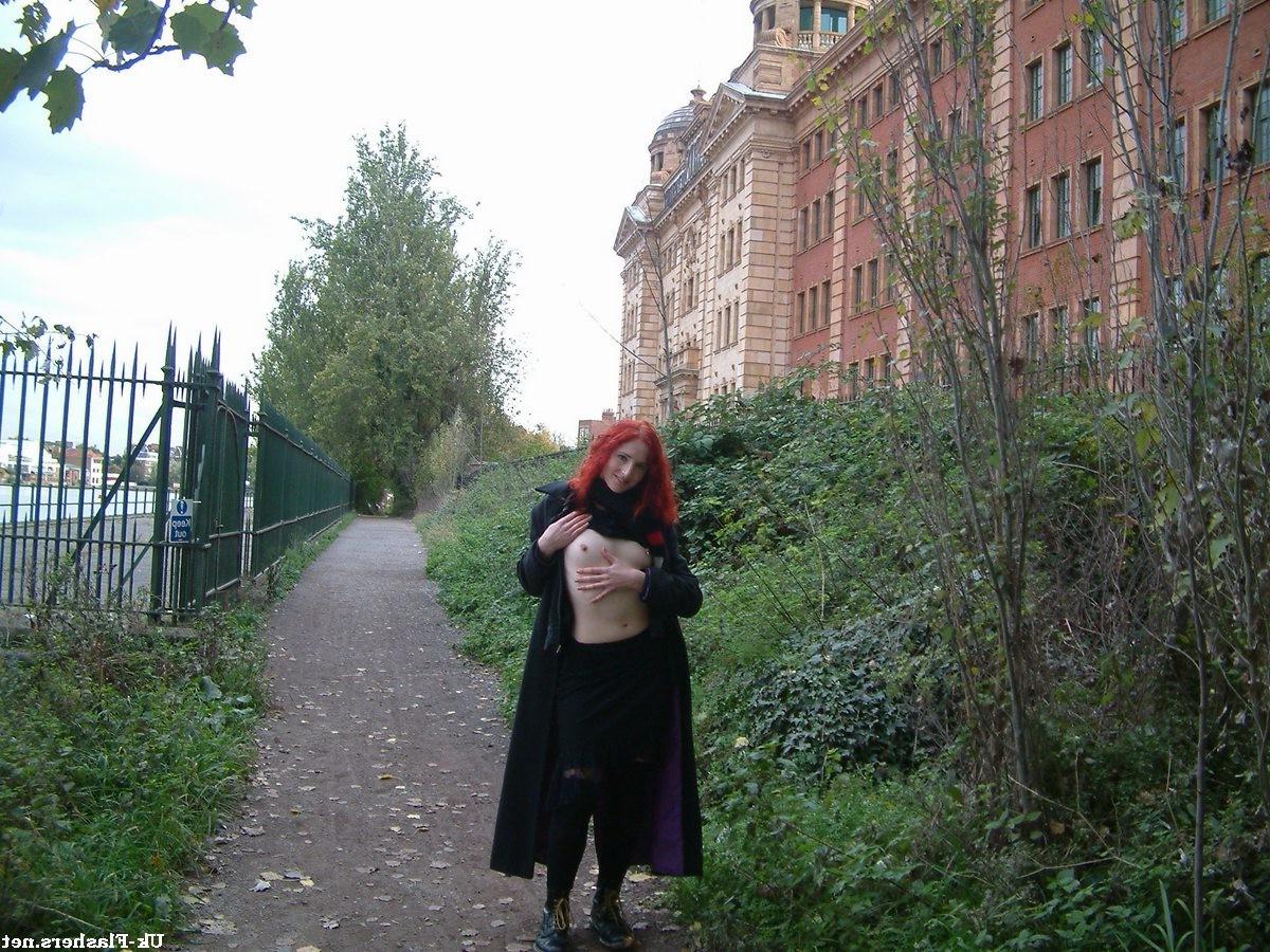 16P Redhead amateur exhibitionist flashing small tits and unshaved pussy outdoors wi