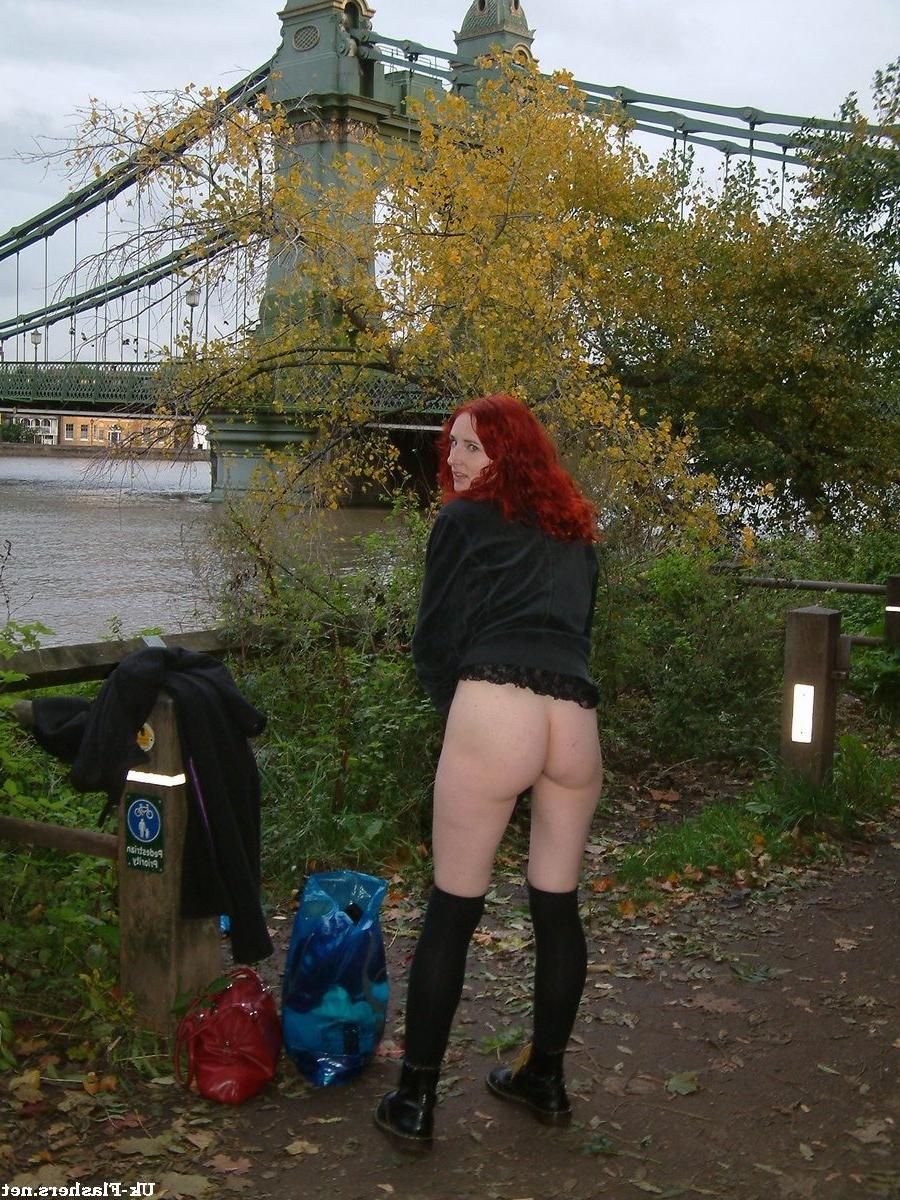 16P Redhead amateur exhibitionist flashing small tits and unshaved pussy outdoors wi