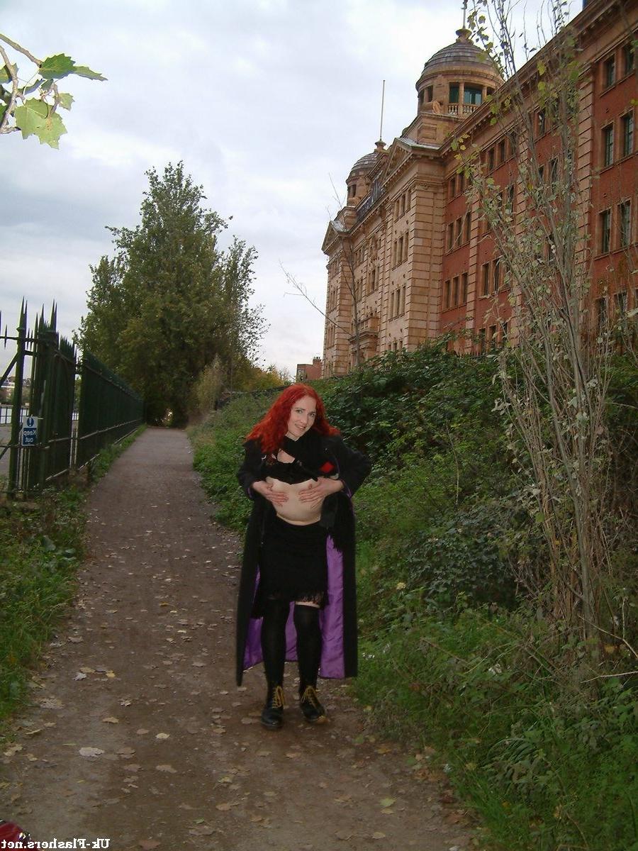 16P Redhead amateur exhibitionist flashing small tits and unshaved pussy outdoors wi
