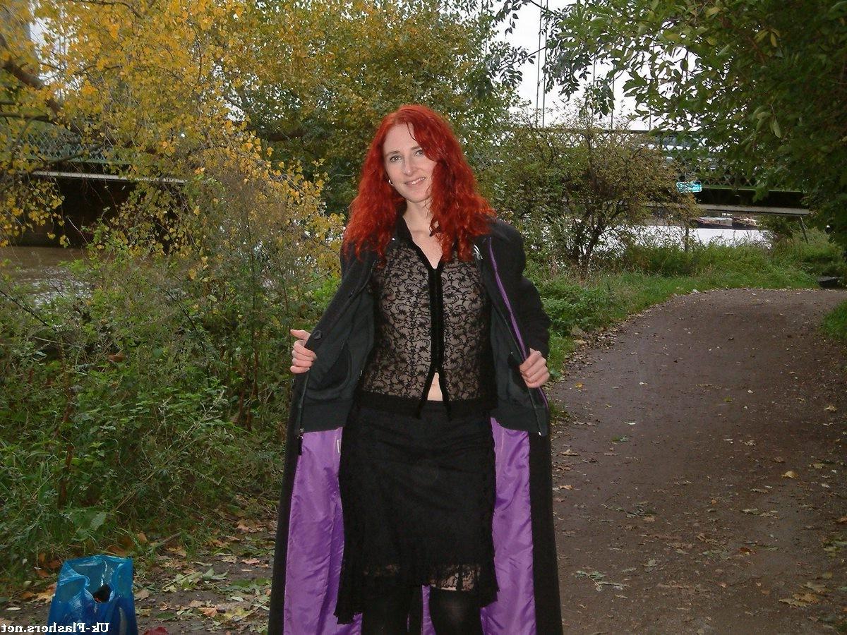 16P Redhead amateur exhibitionist flashing small tits and unshaved pussy outdoors wi