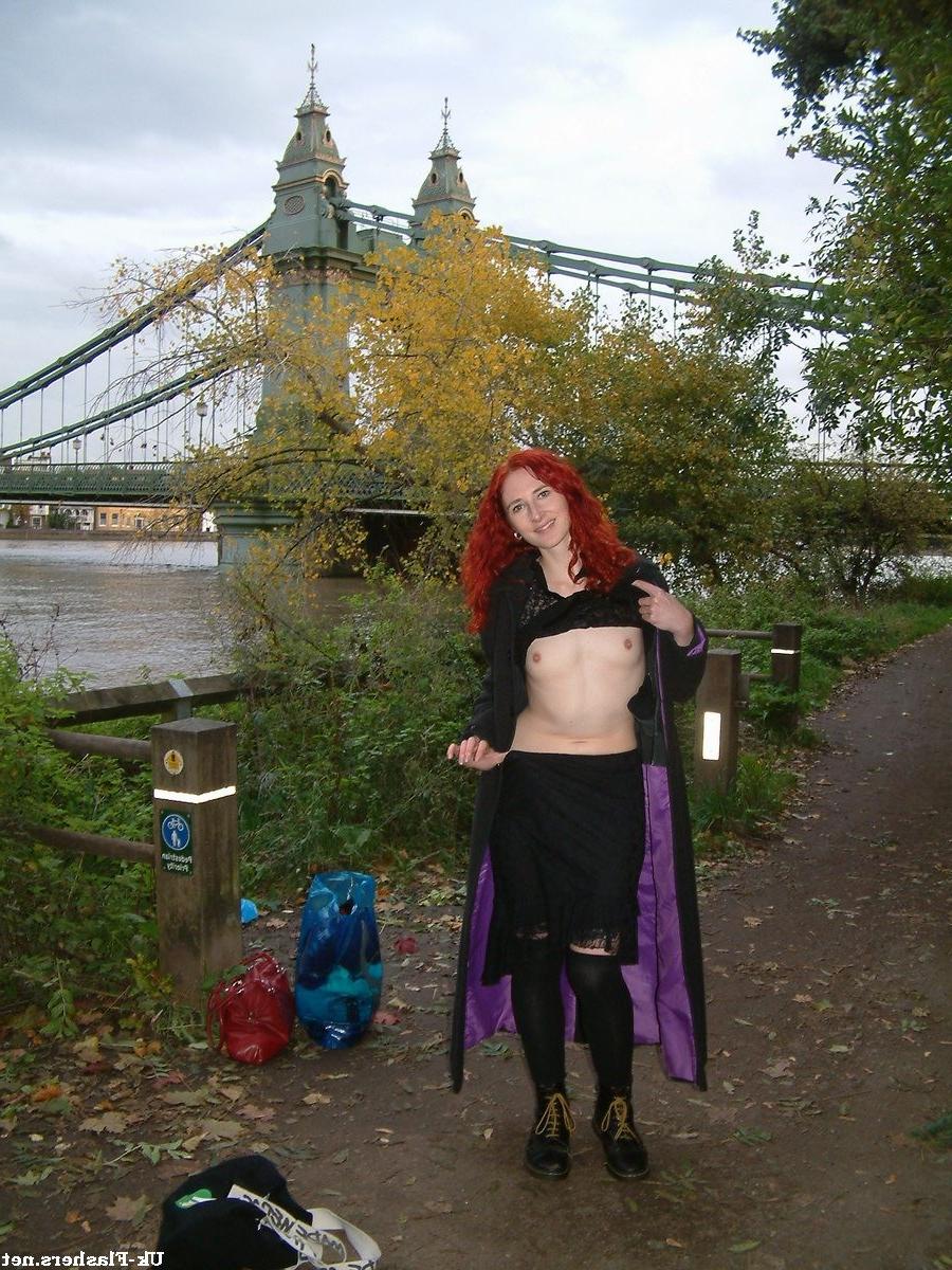 16P Redhead amateur exhibitionist flashing small tits and unshaved pussy outdoors wi