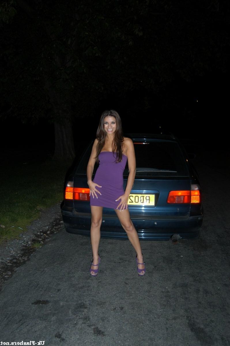 16P Cute amateur flashing outdoors at night on a car