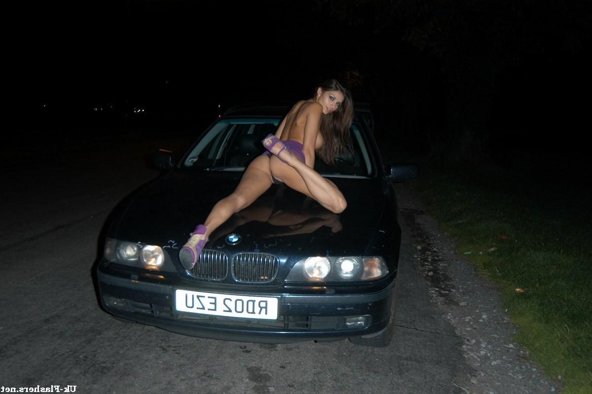 16P Cute amateur flashing outdoors at night on a car