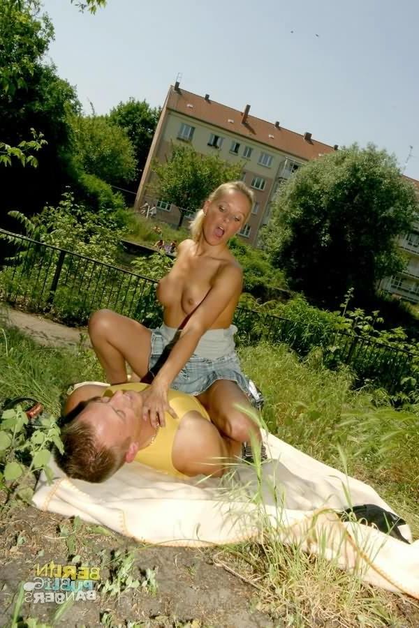 16P Blonde slut Sophie Logan riding a dick outdoors