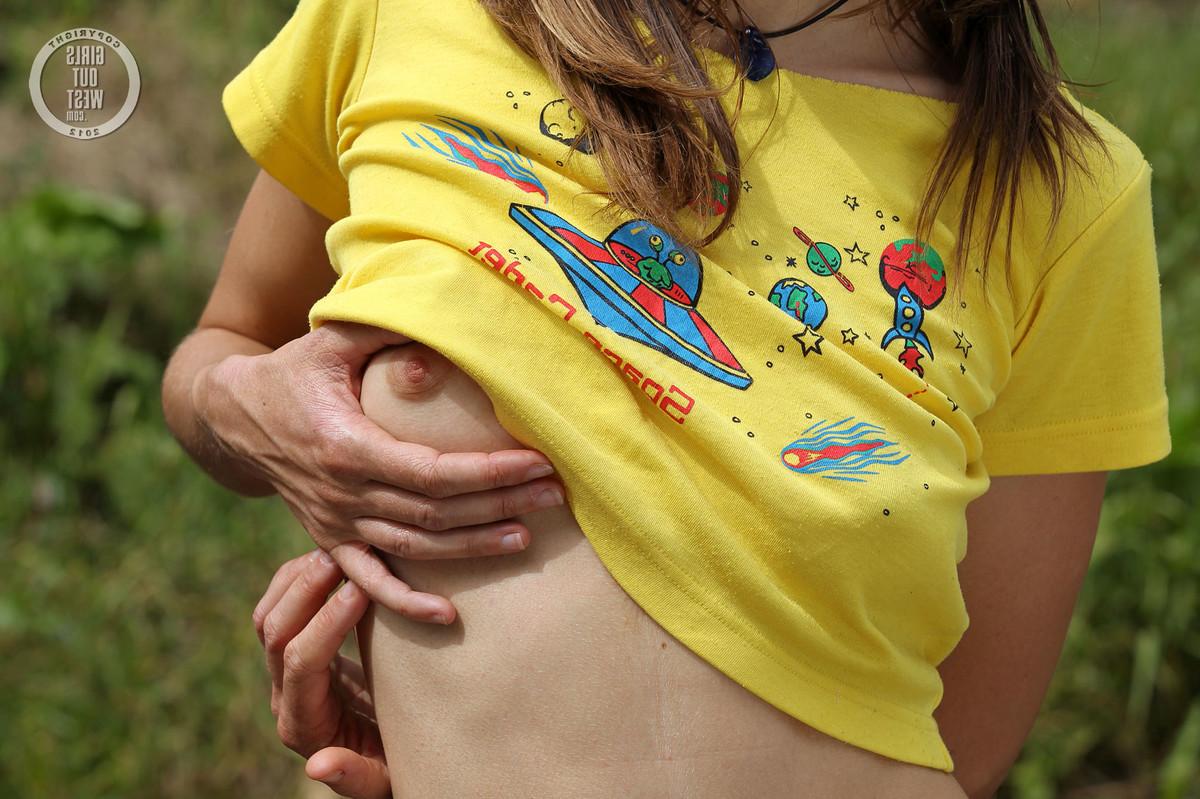 15P Skinny hairy amateur natural posing outdoors naked in the river