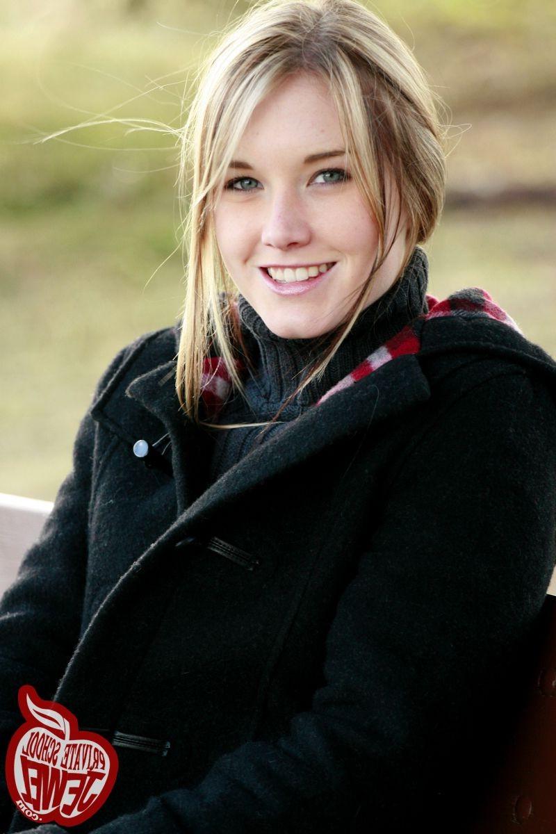 16P Lovely blonde teen showing her pussy outdoors in autumn time
