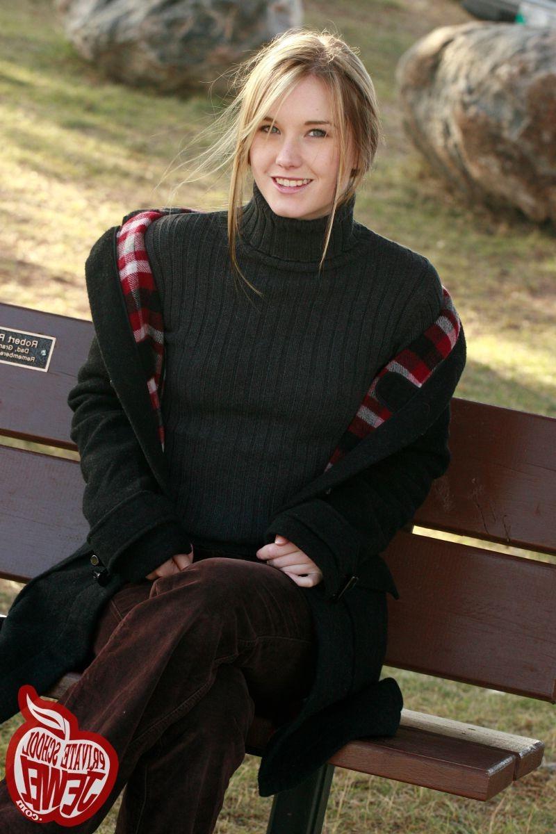 16P Lovely blonde teen showing her pussy outdoors in autumn time