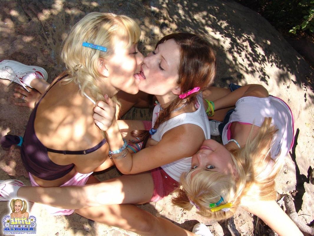 16P Two blonde girls and one redhead in horny threesome lesbian orgy outdoors