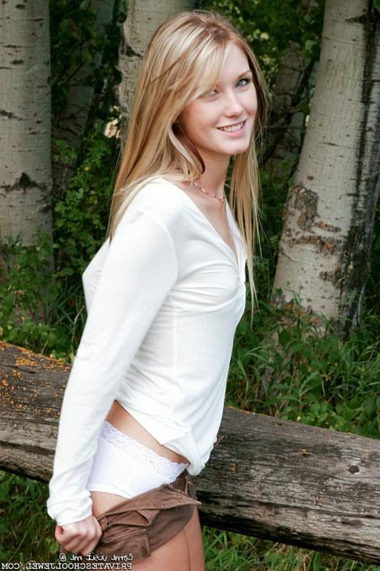 15P Cute blonde teen shows outdoor cameltoe and pussy shots
