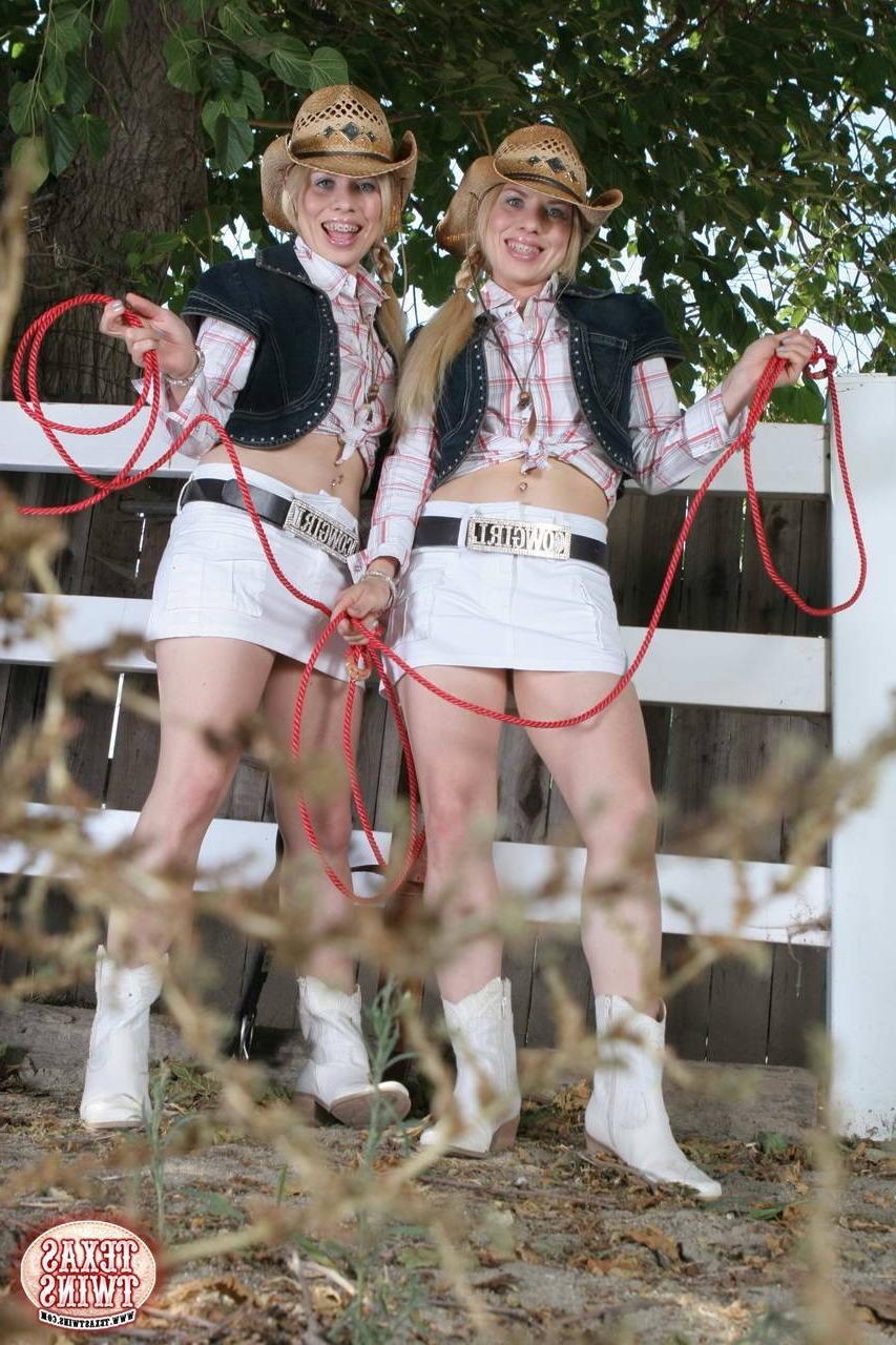 16P Teen cowgirl twins with small tits teasing in tiny thong outdoors