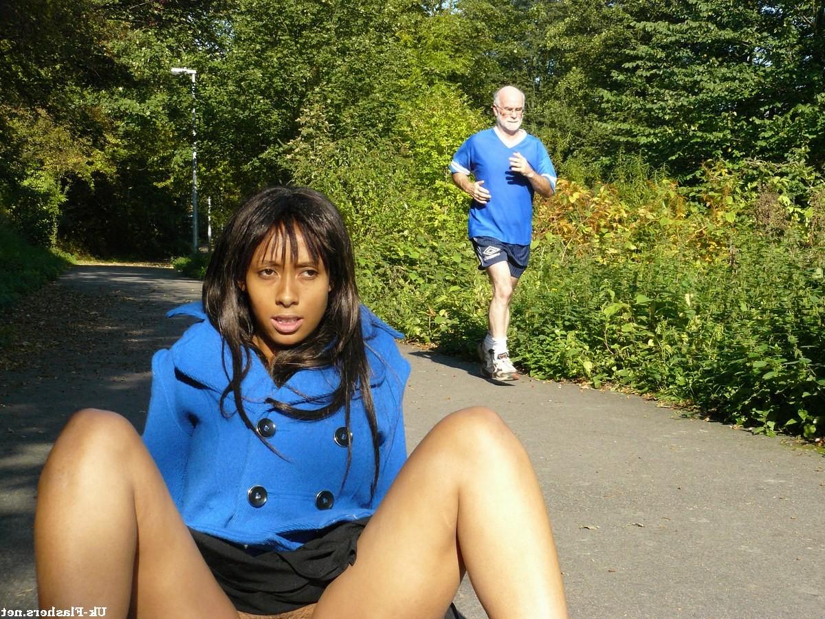 16P Ebony teen babe Candy masturbating and pussy flashing in public outdoors with ha