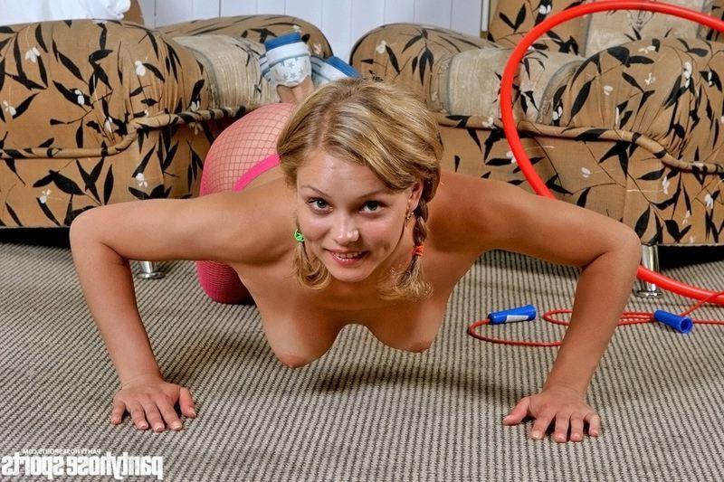 12P Missy jumping and stretching in pink fishnets