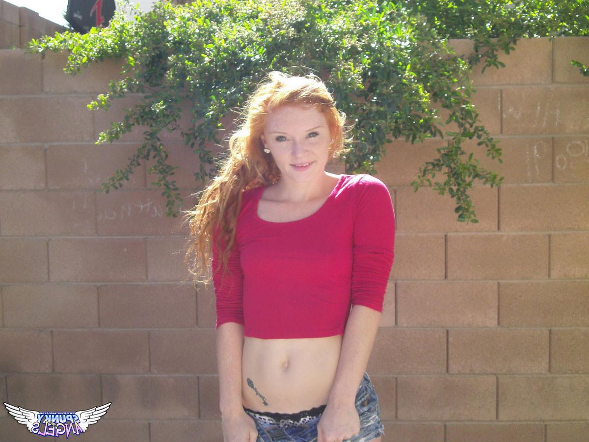 12P Cute redhead teen Alex Tanner shows off her perfect perky tits outdoors