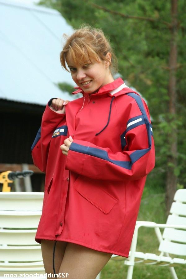20P Sexy amateur model in rubber boots and raincoat outdoors