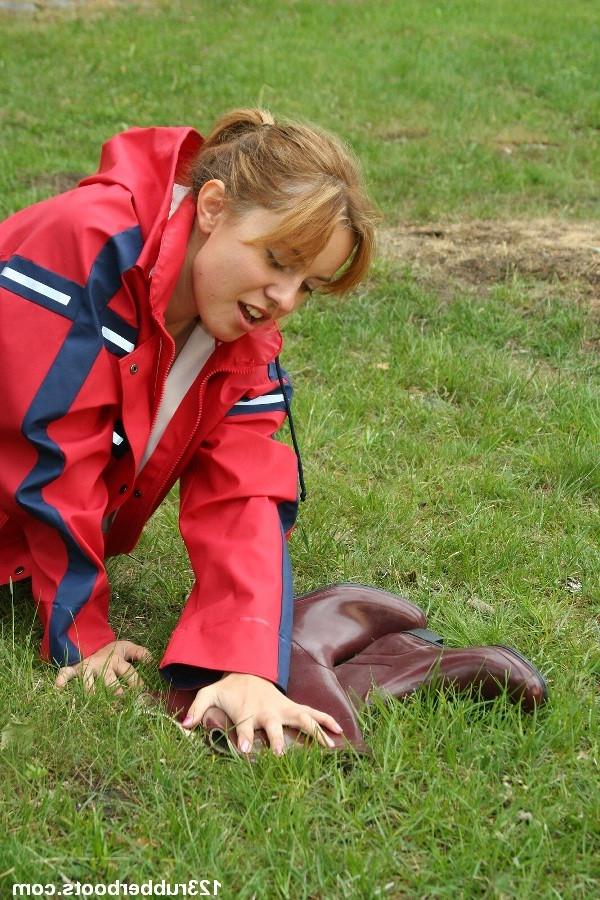 20P Sexy amateur model in rubber boots and raincoat outdoors