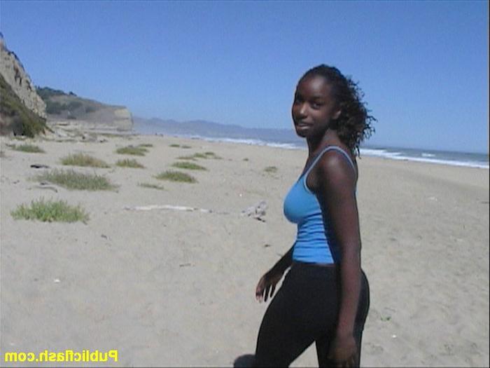 16P Busty Black Noobie Nudist Strips Naked Outdoors at the Beach